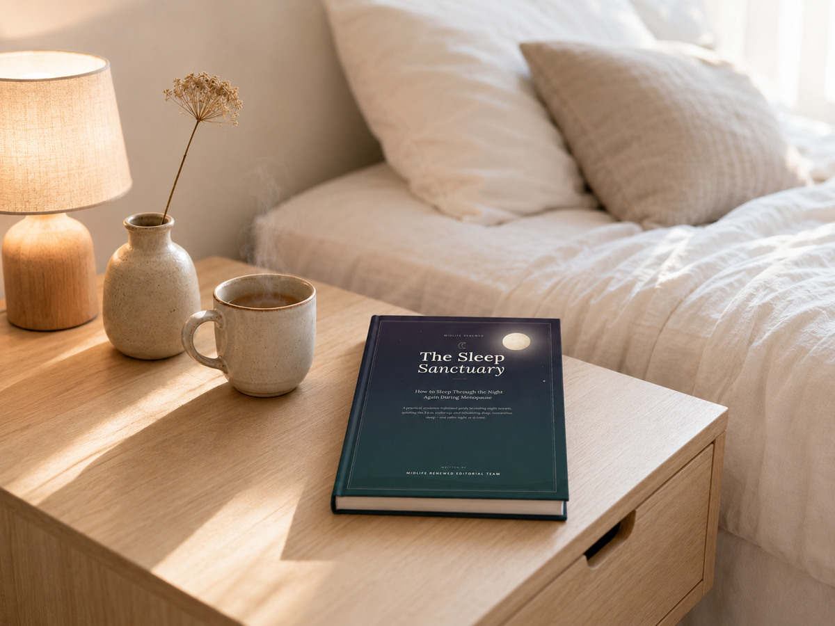 The Sleep Sanctuary menopause sleep guide displayed on a bedside table in soft morning light.
