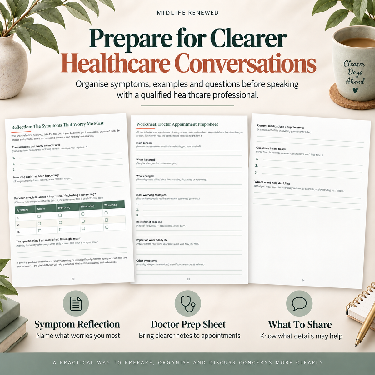 Menopause brain fog healthcare conversation worksheets for symptom reflection, doctor preparation and what to share