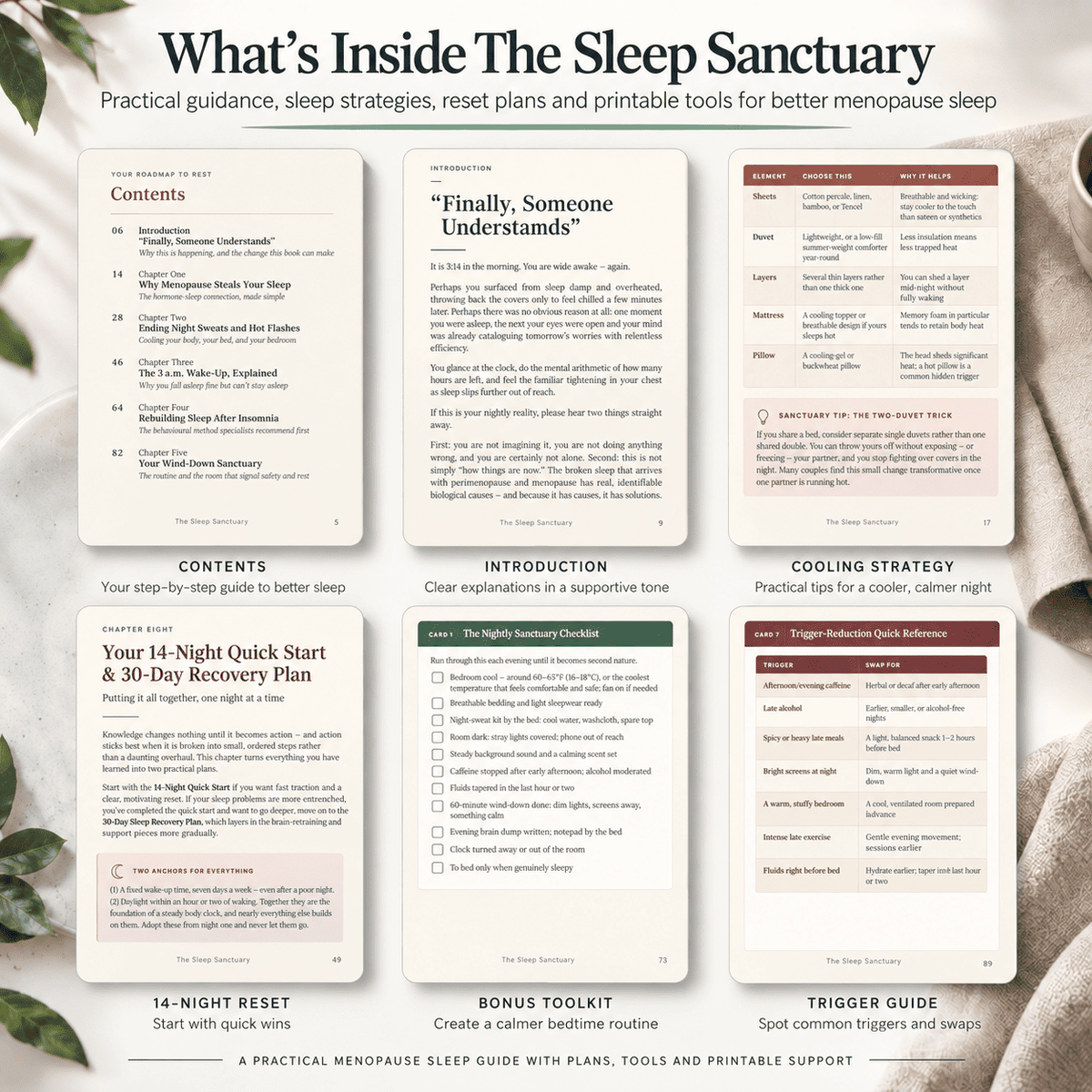 Overview of The Sleep Sanctuary menopause sleep guide, including cooling strategies, reset plans and printable tools.