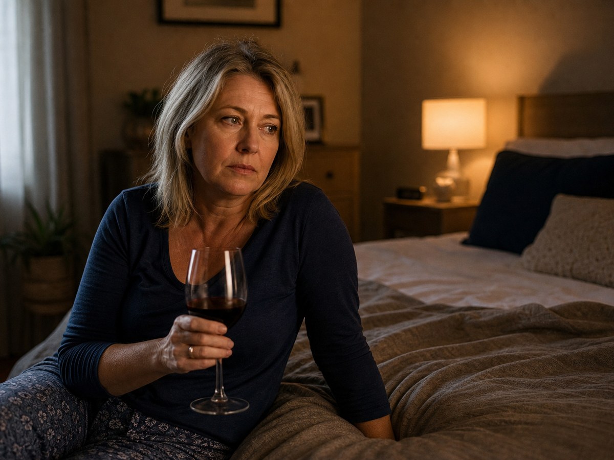 Woman in pajamas sitting on a bed holding a glass of red wine in a softly lit bedroom.