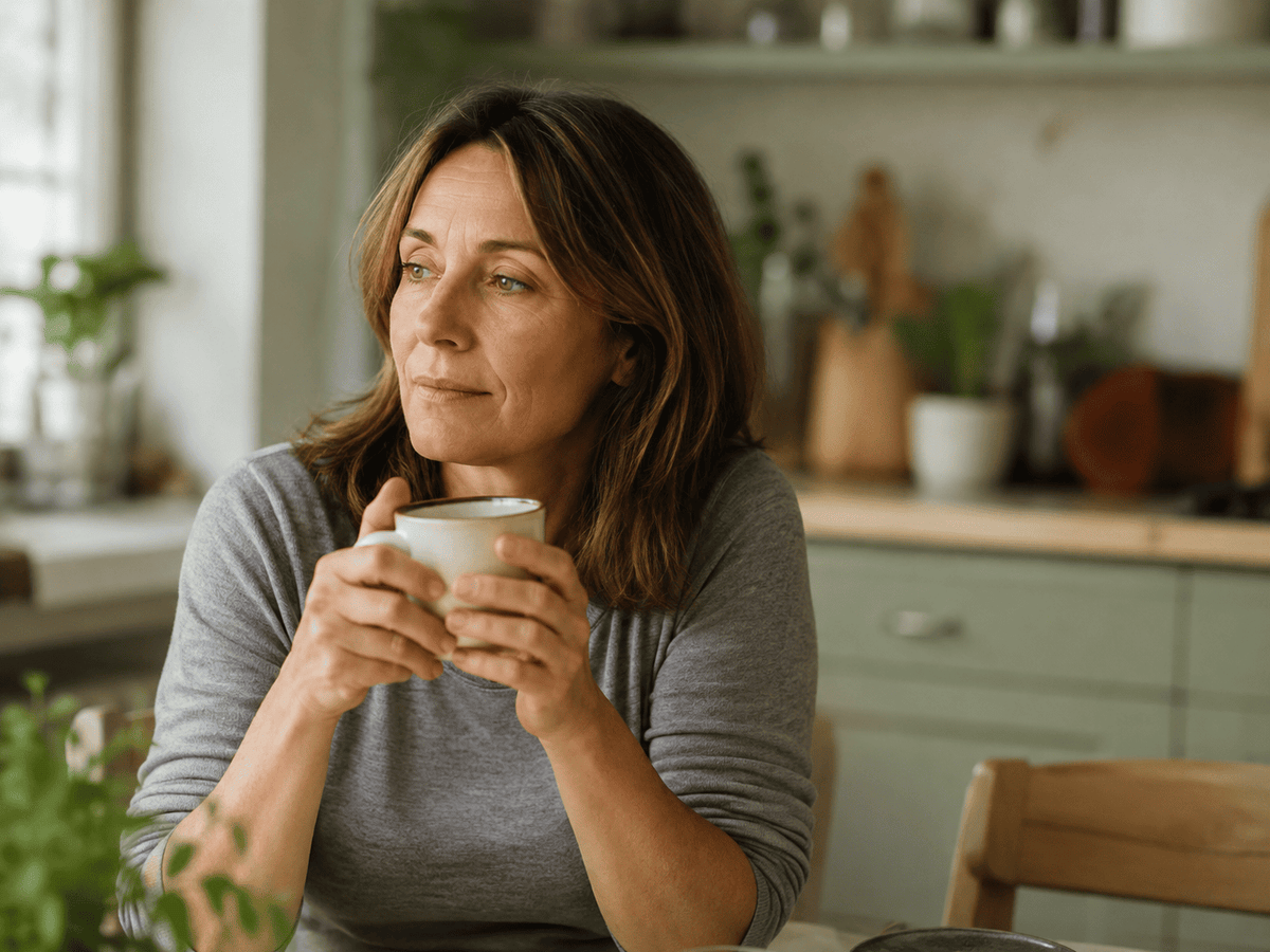 Midlife woman reflecting on physical and emotional changes associated with early perimenopause symptoms.