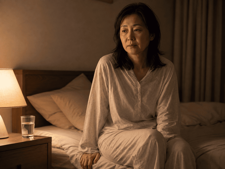 Midlife woman cooling herself during a hot flash, representing hot flashes and night sweats in menopause.