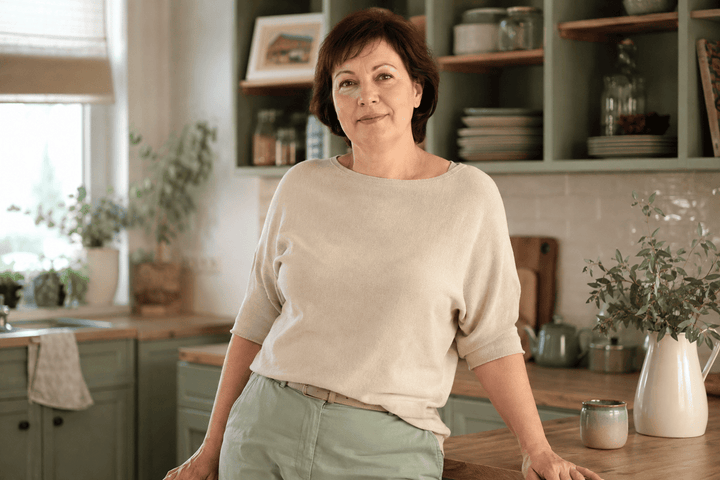 Midlife woman focusing on her waist and body changes, representing menopause weight gain and belly fat.