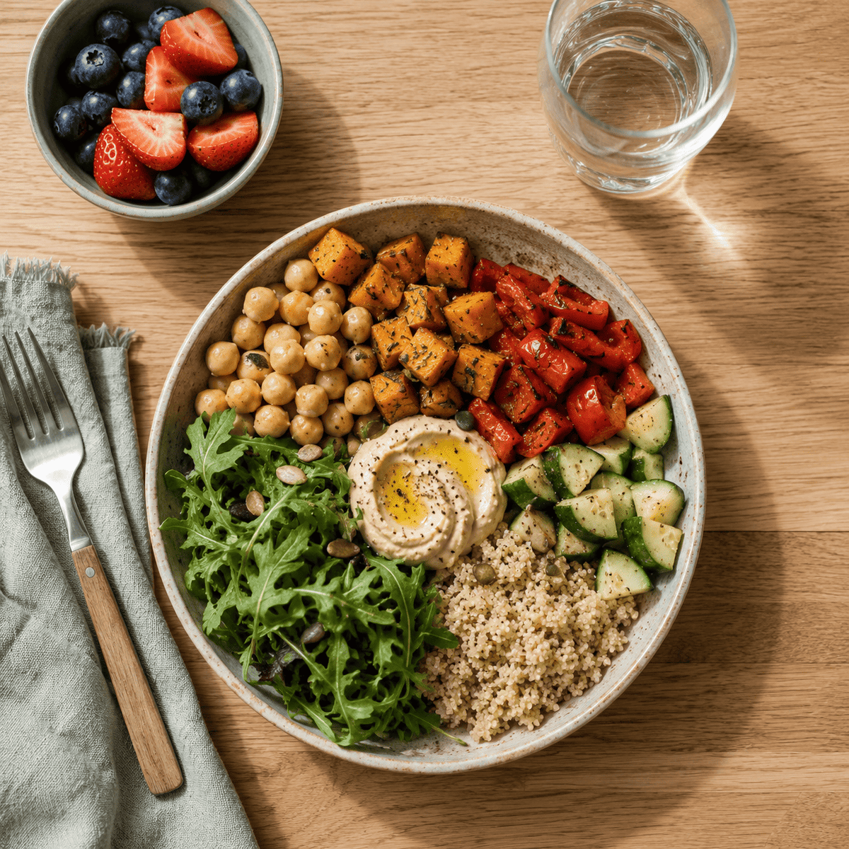 Balanced meal with vegetables, protein and whole foods, representing practical healthy eating during menopause.