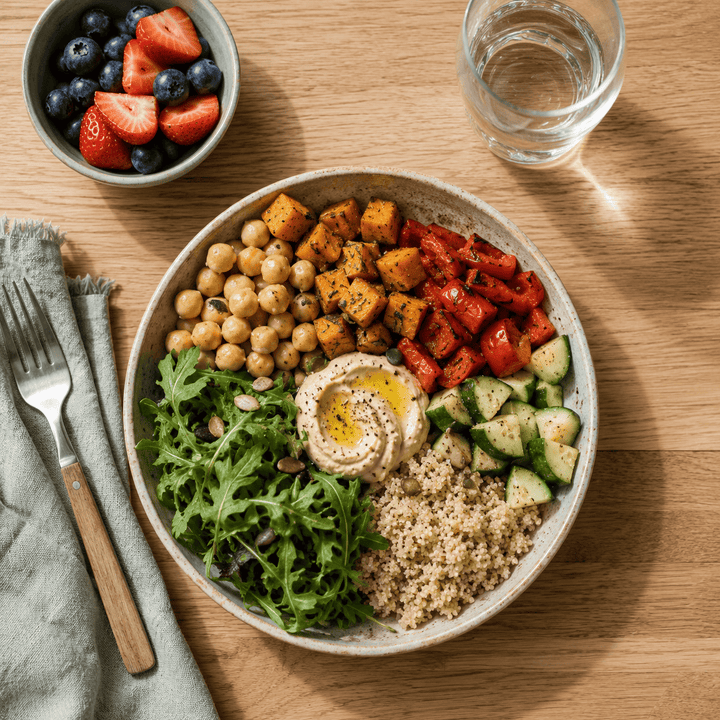 Balanced meal with vegetables, protein and whole foods, representing practical healthy eating during menopause.
