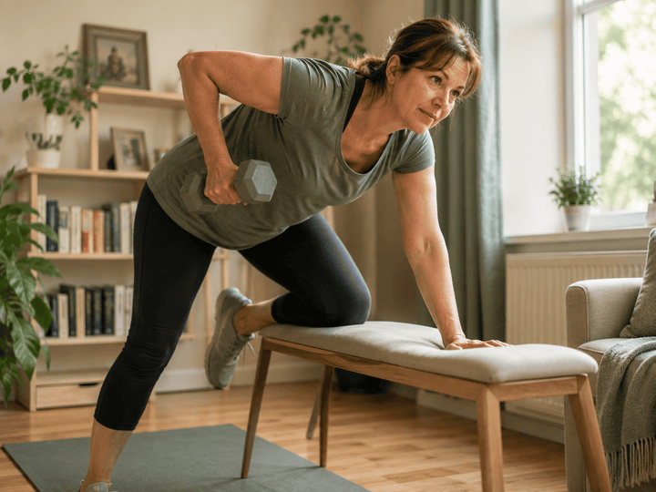 Midlife woman doing a dumbbell strength exercise at home, supporting muscle and strength during menopause.