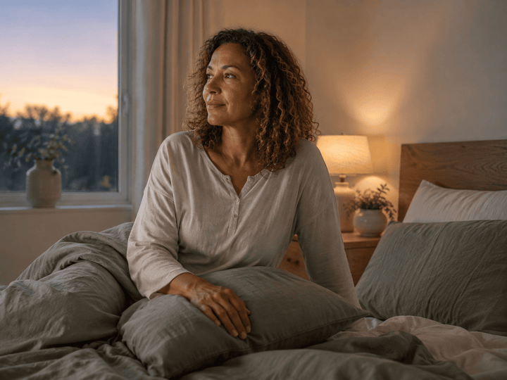 Midlife woman awake in bed at night, representing insomnia and disrupted sleep during menopause.