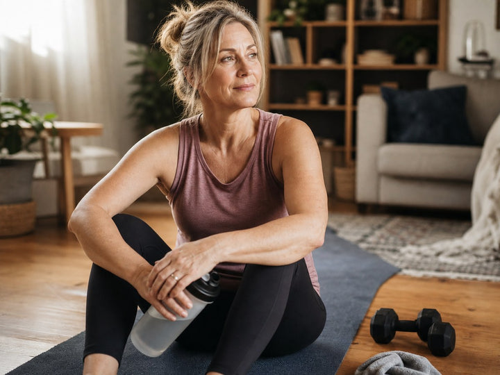 Woman in workout clothes sitting on a mat holding a water bottle with dumbbells nearby in a living room.