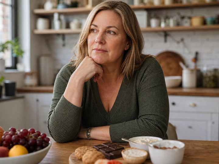 Woman in green sweater sitting at a wooden kitchen table with fruit, cookies, chocolate, and bowls of food.
