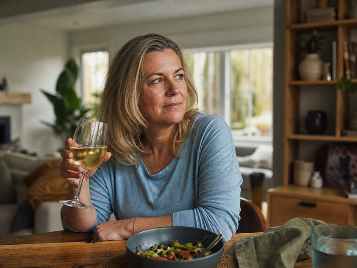 Woman in blue shirt holding a glass of white wine sitting at a wooden table with a bowl of salad.