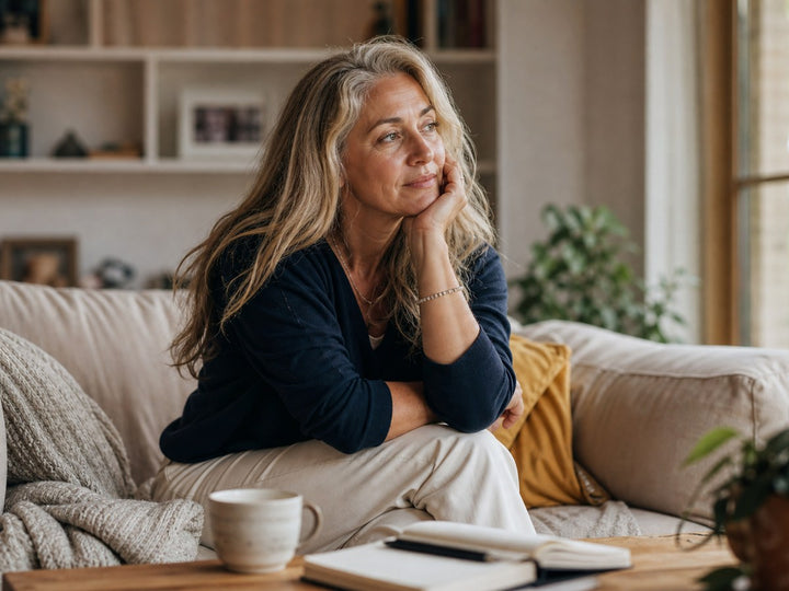 Midlife woman sitting on a sofa with her head resting on her hand, reflecting how perimenopause symptoms can come and go.