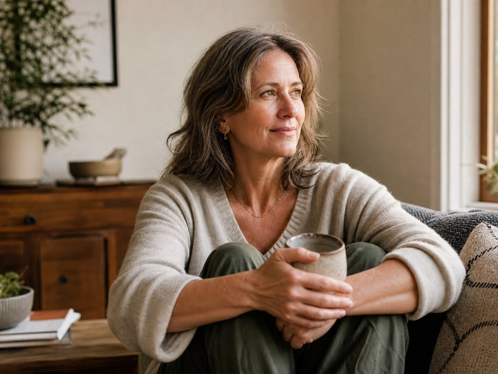 Midlife woman with gray hair holding a mug by a window, reflecting on the stages and timeline of perimenopause.
