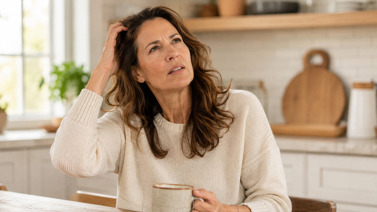 Midlife woman pausing to find a word, representing memory lapses and brain fog during perimenopause.