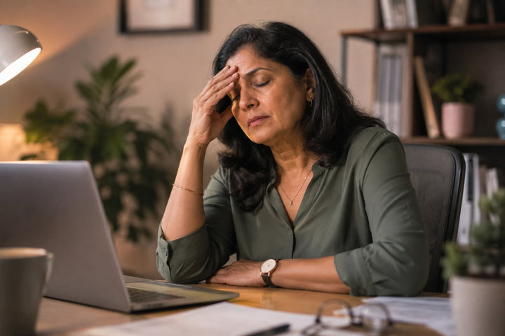 Tired midlife woman taking time to rest, challenging the idea of simply pushing through menopause symptoms.