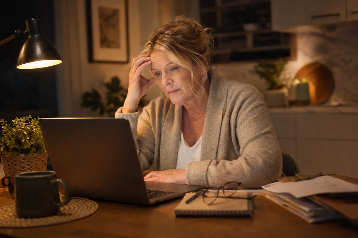 Midlife woman considering practical next steps for managing menopause symptoms and daily wellbeing.