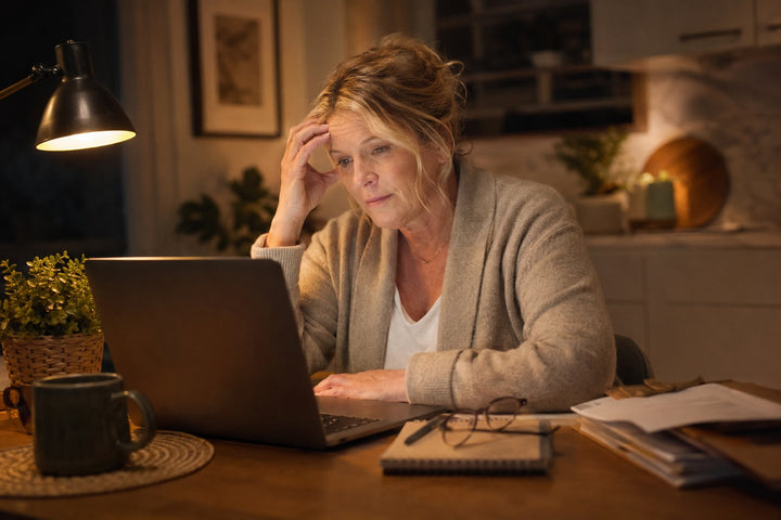 Midlife woman considering practical next steps for managing menopause symptoms and daily wellbeing.