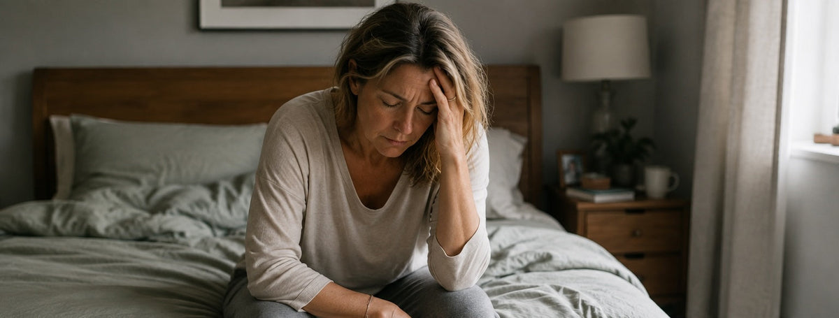 Fatigued midlife woman resting at home, representing several menopause symptoms occurring at the same time.