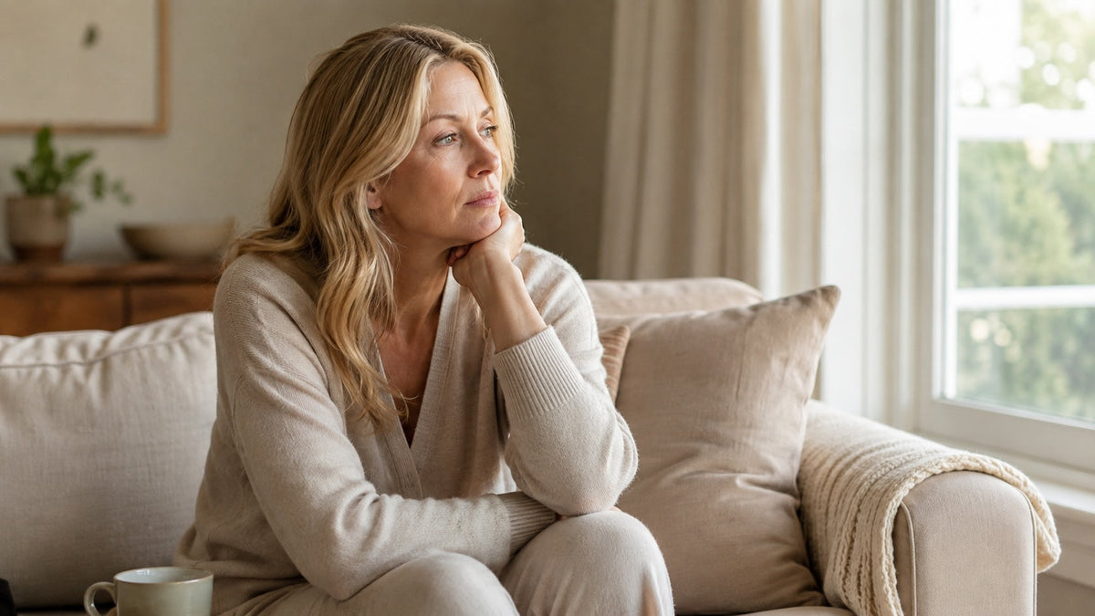Midlife woman looking thoughtful while experiencing less obvious signs and symptoms of perimenopause.
