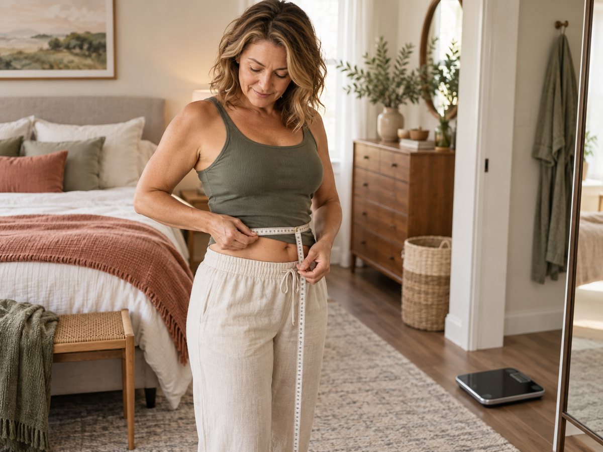 Midlife woman measuring her waist with a tape measure beside a bathroom scale.
