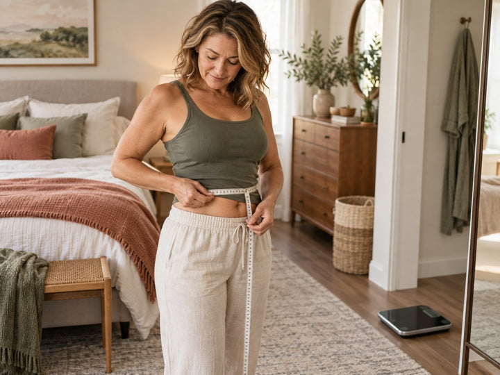 Midlife woman measuring her waist with a tape measure beside a bathroom scale.
