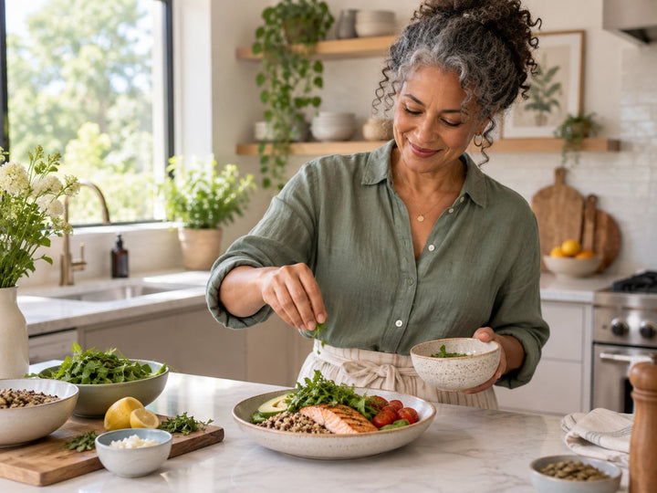 Midlife woman preparing a protein-rich salmon bowl with whole foods in a bright kitchen.