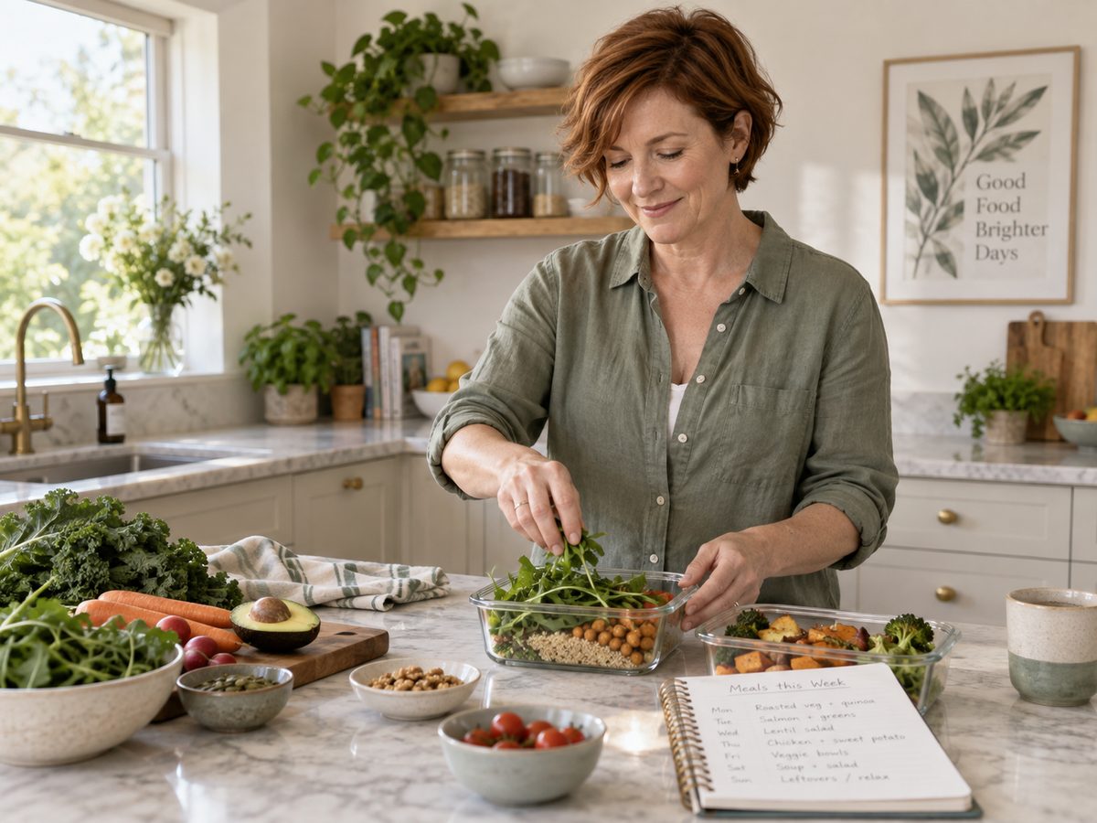 Midlife woman preparing vegetables, chickpeas and whole foods in a bright kitchen.