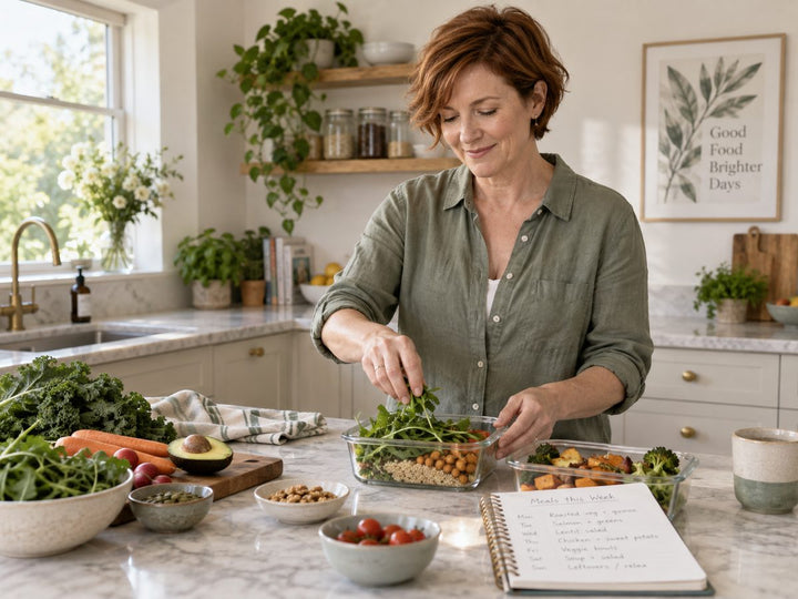 Midlife woman preparing vegetables, chickpeas and whole foods in a bright kitchen.