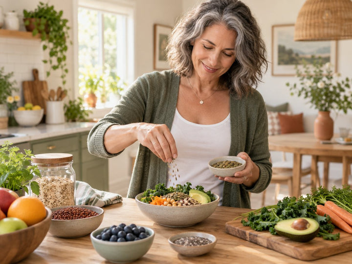 Midlife woman preparing a high-fiber bowl with beans, oats, seeds, fruit and vegetables.