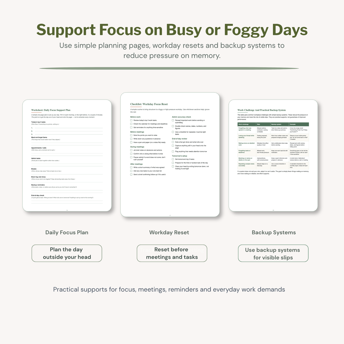Daily focus support and planning tools for busy or mentally foggy days
