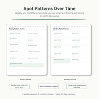 Weekly and monthly review pages for identifying symptom patterns over time