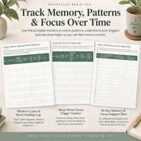 Menopause brain fog memory, focus and pattern tracking worksheets with memory log, trigger tracker and 30-day review