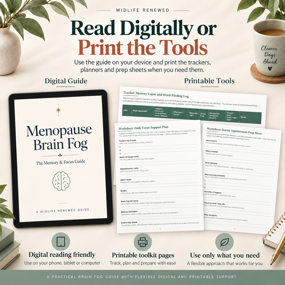 Menopause Brain Fog digital guide and printable toolkit pages for memory, focus and healthcare preparation