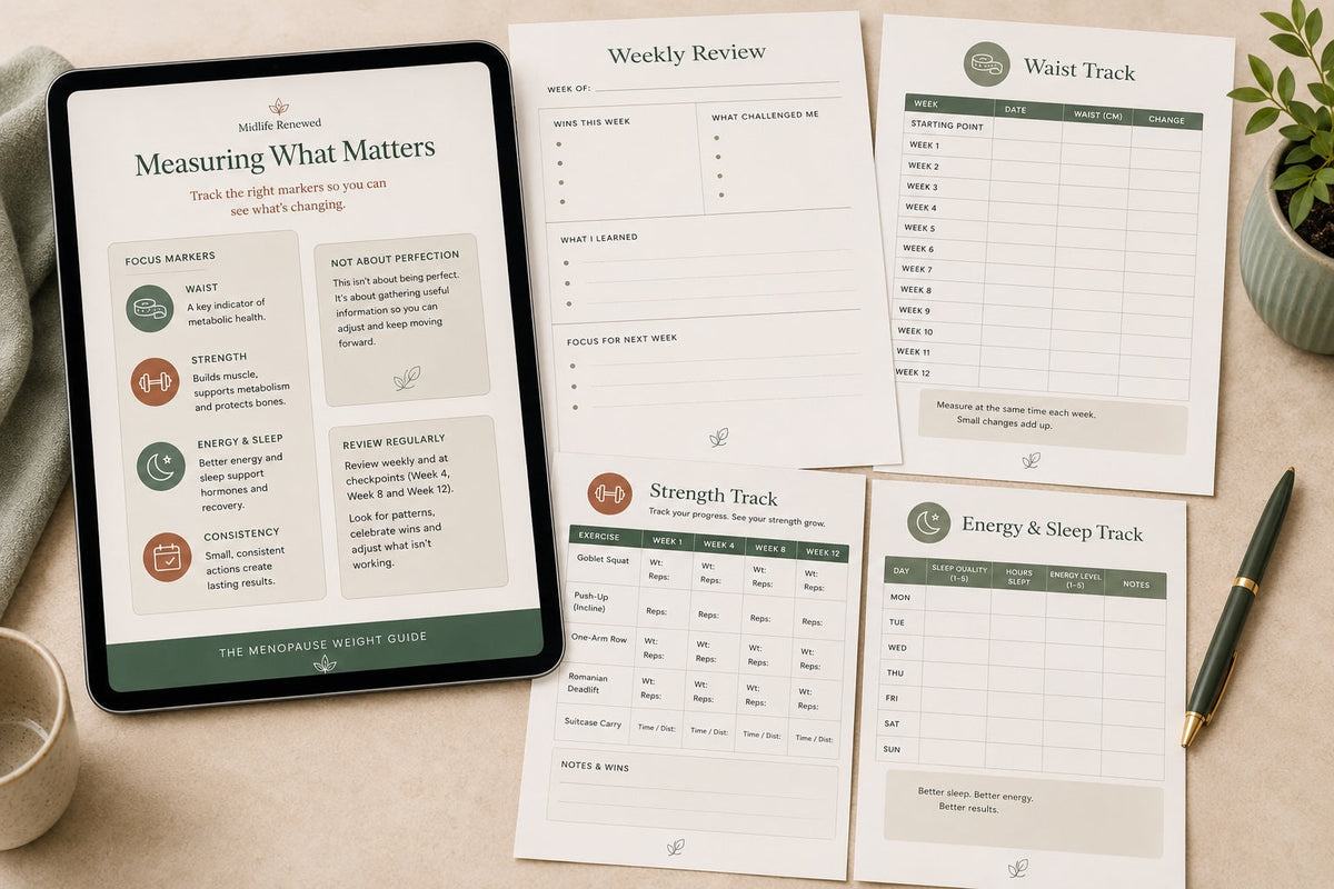 Waist, strength, and energy and sleep trackers from The Menopause Weight Guide's Progress Review
