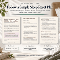 The Sleep Sanctuary 14-night quick start and 30-day recovery plans for rebuilding calmer menopause sleep routines.