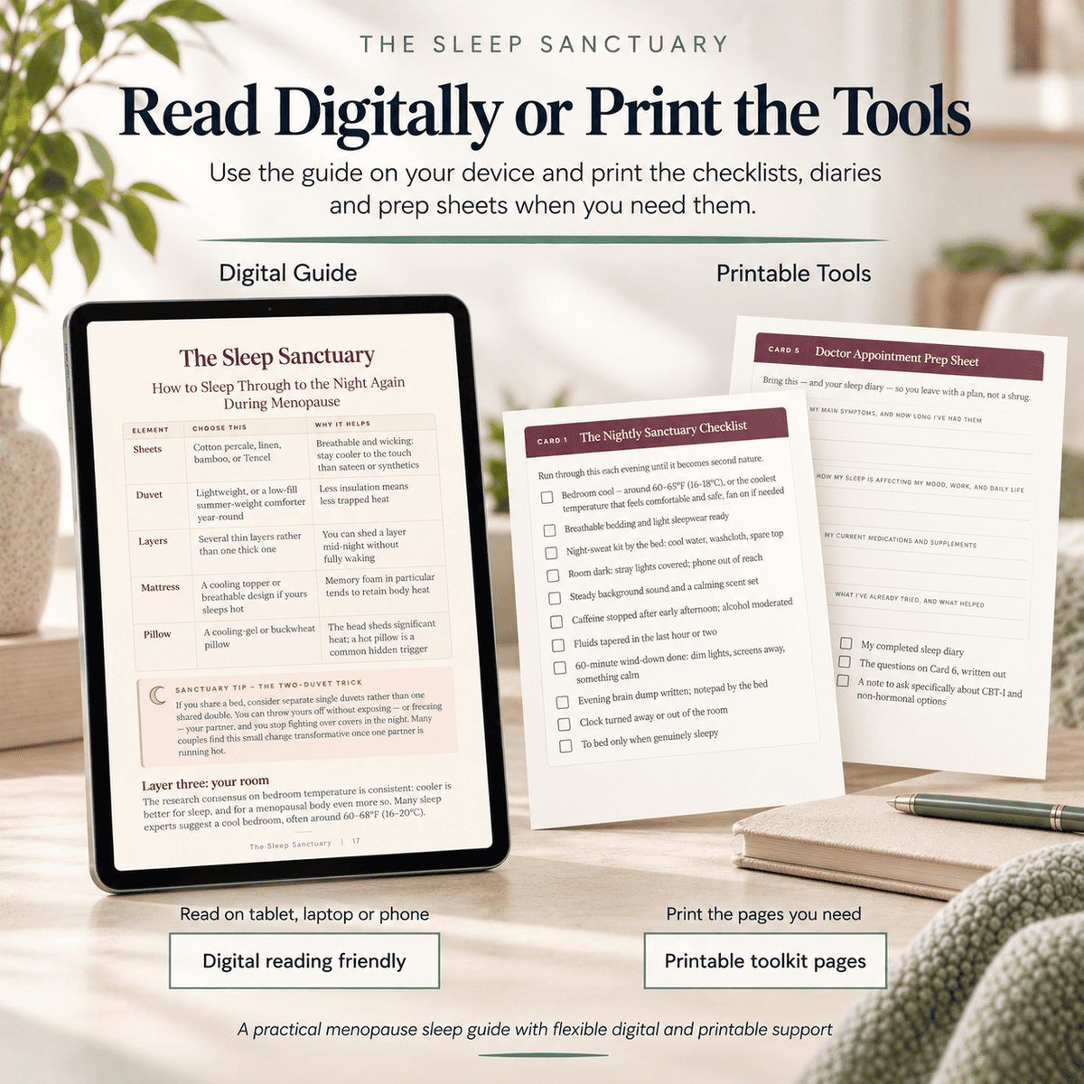 The Sleep Sanctuary shown for digital reading with printable sleep diaries, checklists and doctor preparation pages.