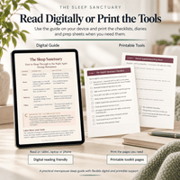 The Sleep Sanctuary shown for digital reading with printable sleep diaries, checklists and doctor preparation pages.