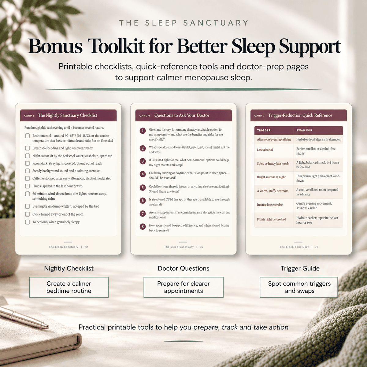 Printable menopause sleep toolkit with nightly checklist, doctor questions and trigger-reduction guide.