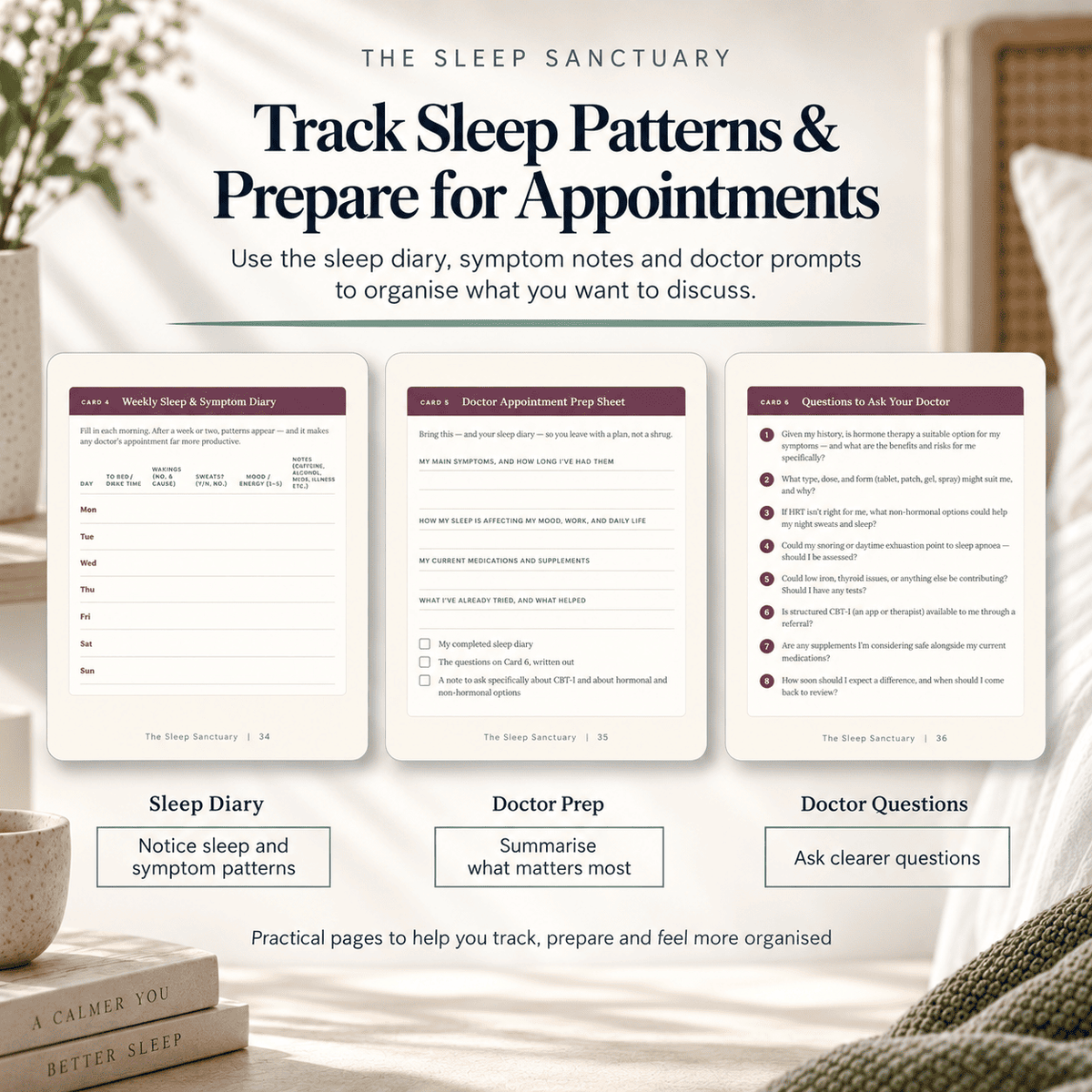 Sleep diary, symptom tracking and doctor preparation pages from The Sleep Sanctuary menopause sleep guide.