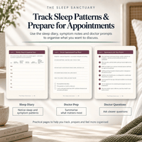 Sleep diary, symptom tracking and doctor preparation pages from The Sleep Sanctuary menopause sleep guide.