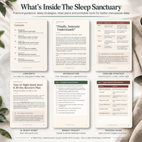 Overview of The Sleep Sanctuary menopause sleep guide, including cooling strategies, reset plans and printable tools.